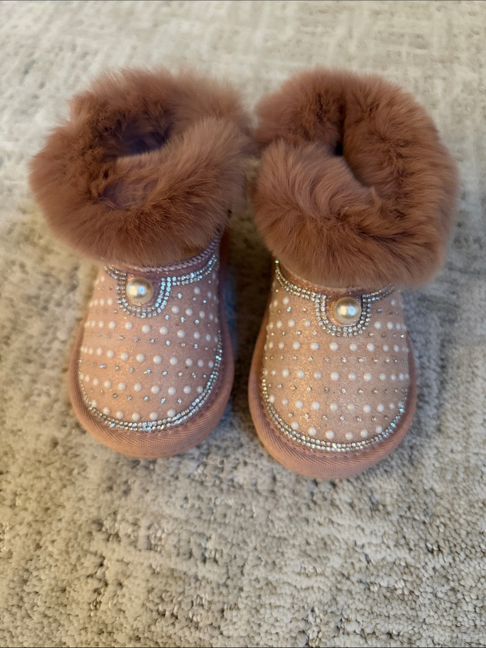 Girls Faux-Fur Pearl & Rhinestone Winter Boots in Dusty Pink
